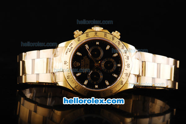 Rolex Daytona Oyster Perpetual Swiss Valjoux 7750 Automatic Movement Full Gold with Black Dial and White Stick Markers - Click Image to Close